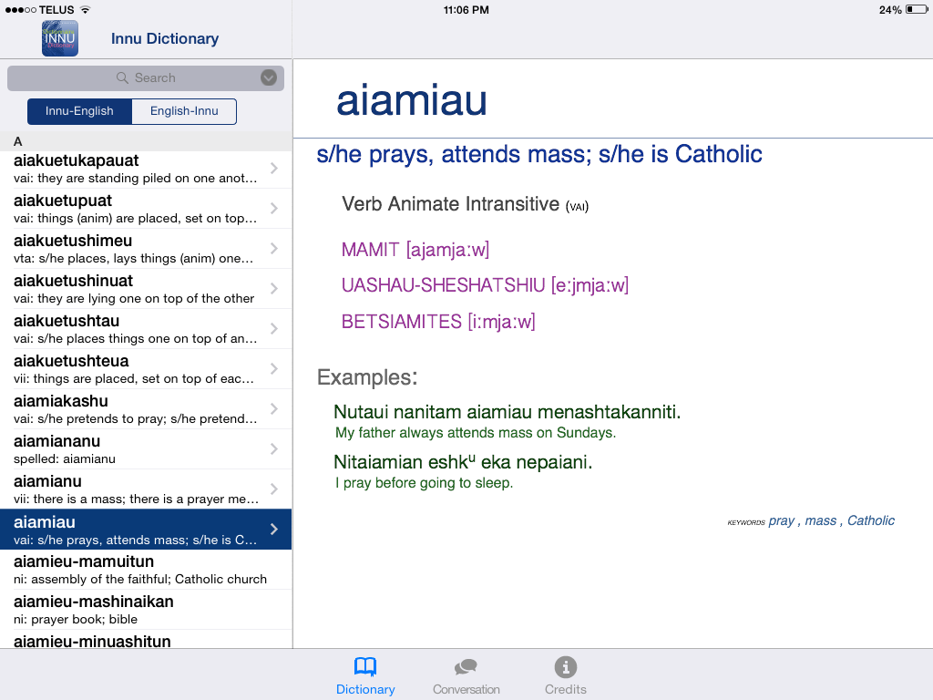 Innu Dictionary iOS App
